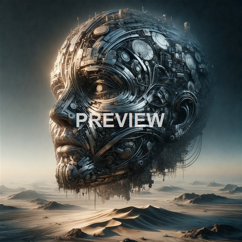 A colossal, intricately detailed robotic human head floating above a barren desert landscape with distant mountains, composed of numerous metallic parts and machinery.